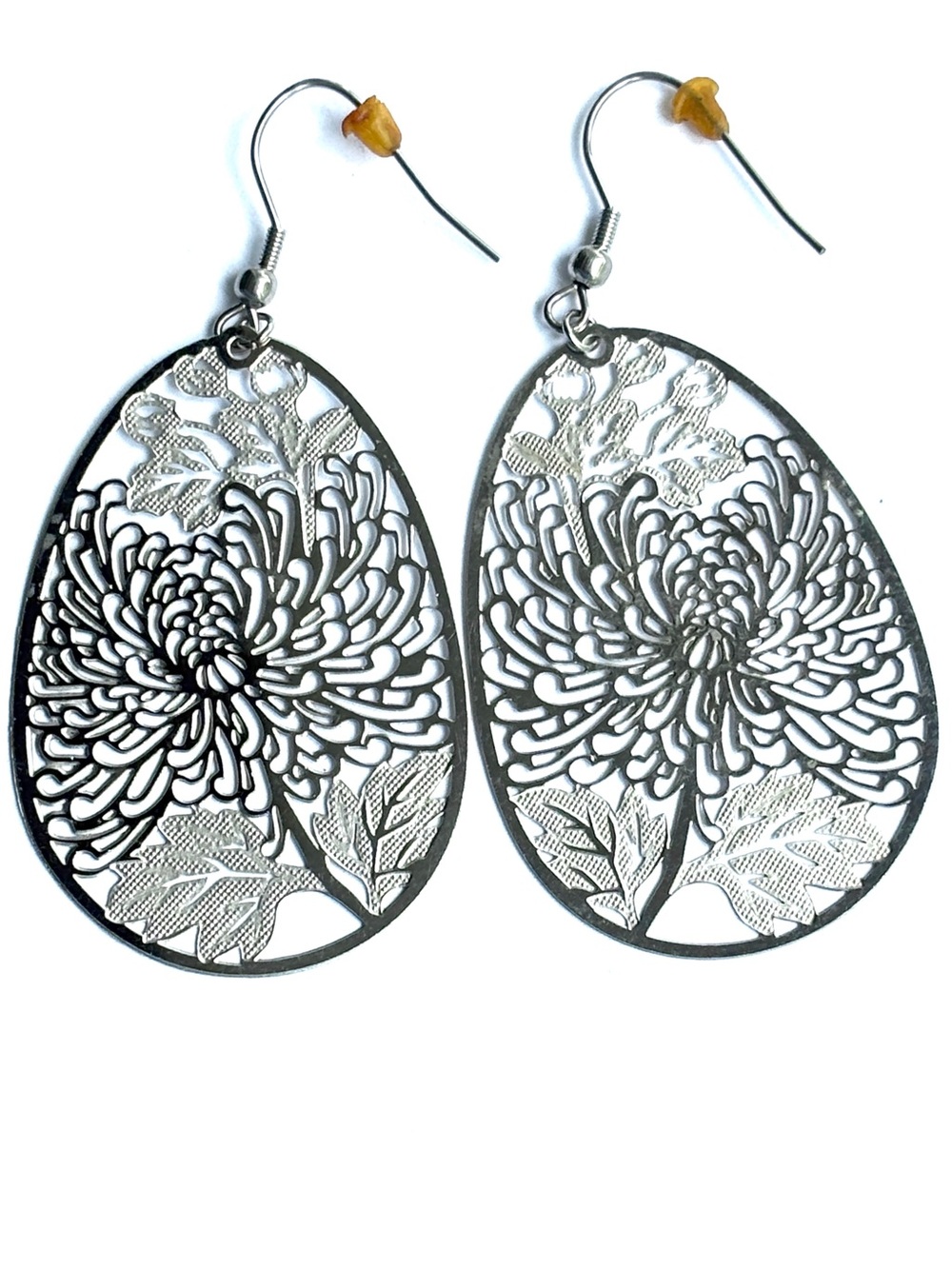 Tocara Stainless Steel Floral Filigree Teardrop Dangle Pierced Earrings Silver